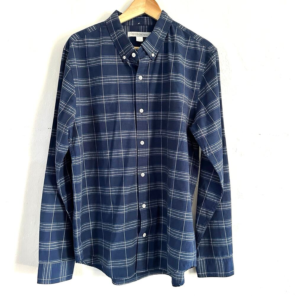 Outerknown Mens Organic Cotton‎ Grid Button Down Shirt Navy Blue Large
